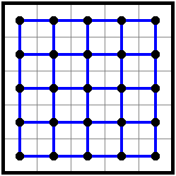 An empty 5 by 5 heyawake with the unshaded graph drawn.